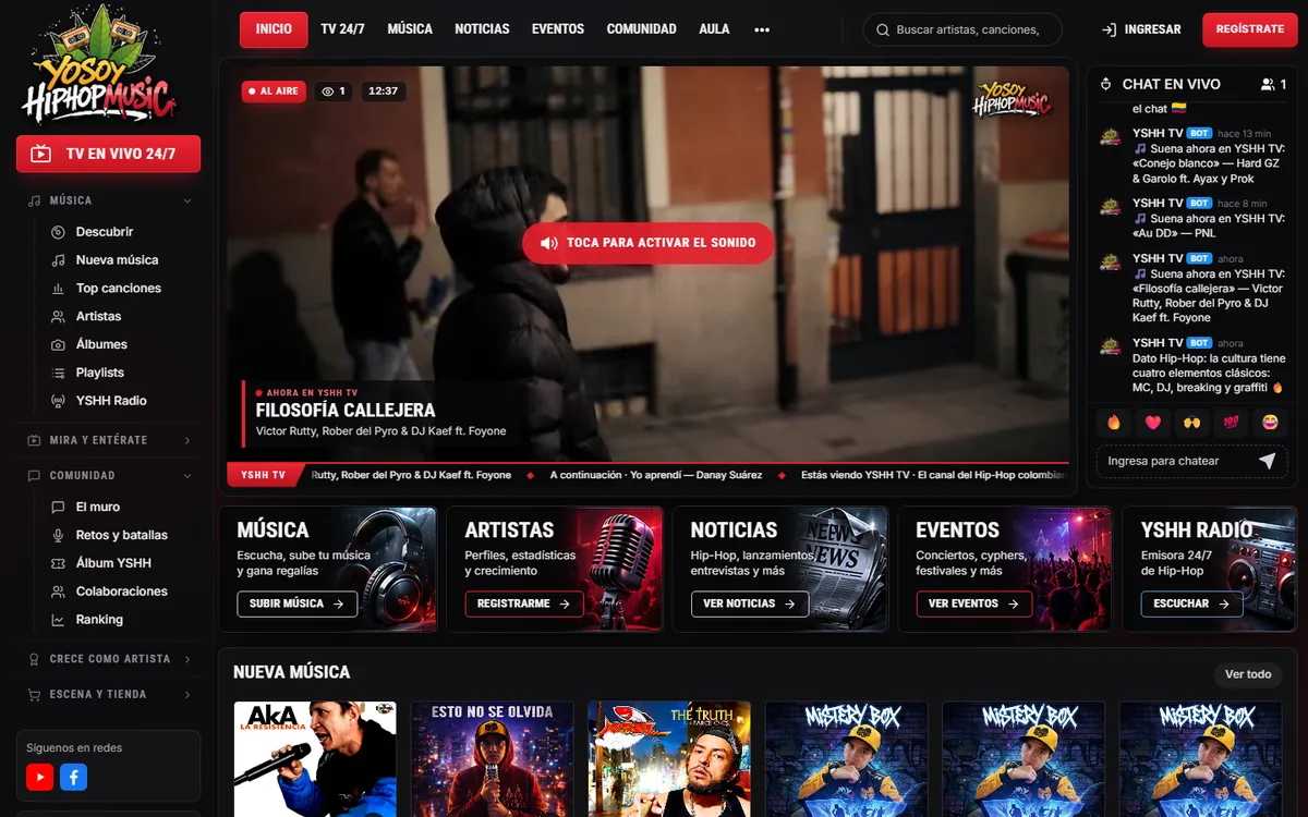 Página web de YoSoyHipHopMusic en computador